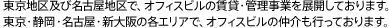 東京地区及び名古屋地区で、オフィスビルの賃貸・管理事業を展開しております。東京・静岡・名古屋・新大阪の各エリアで、オフィスビルの仲介も行っております。